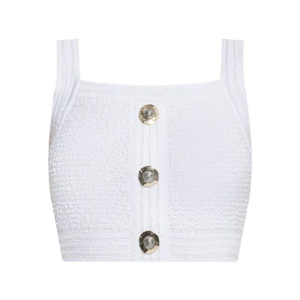 BALMAIN Structured Cropped Knit Top with Decorative Buttons Women WHITE Shirts